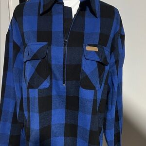 Blue and Black Checkered Shirt Jacket pullover half zip